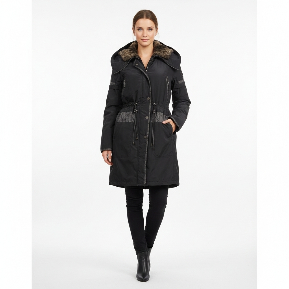 Creenstone Tegen Satin Crush Parka Hooded Faux Fur Lined Winter Coat Black Large
